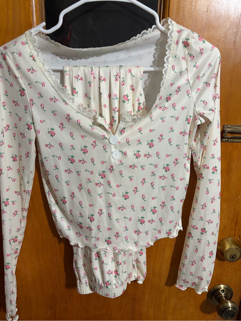 Women's Cream Floral Ribbed Pajama Set